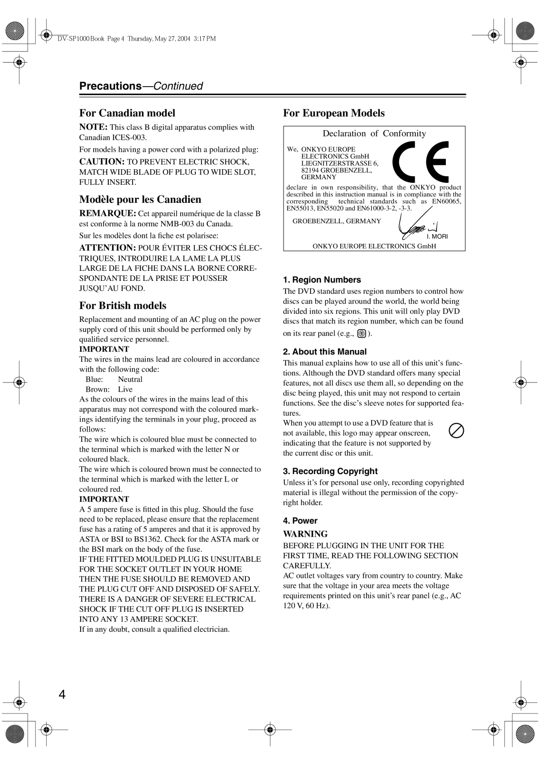 Onkyo DV-SP1000E instruction manual Precautions, Modèle pour les Canadien 