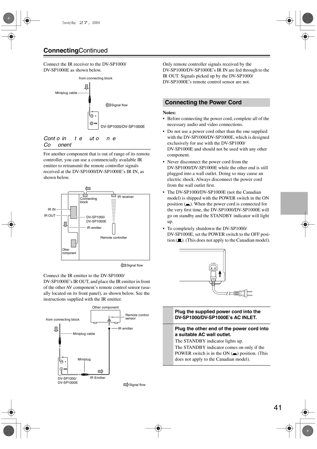 Onkyo DV-SP1000E instruction manual Connecting the Power Cord, Controlling Other Out-of-range Components 