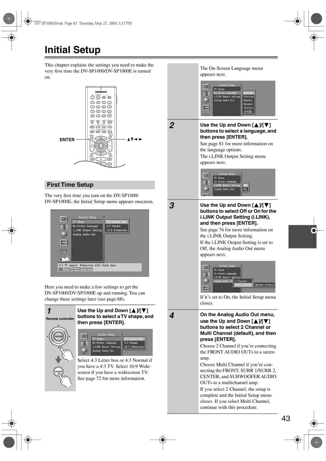 Onkyo DV-SP1000E Initial Setup, First Time Setup, Use the Up and Down, Buttons to select a TV shape, Then press Enter 