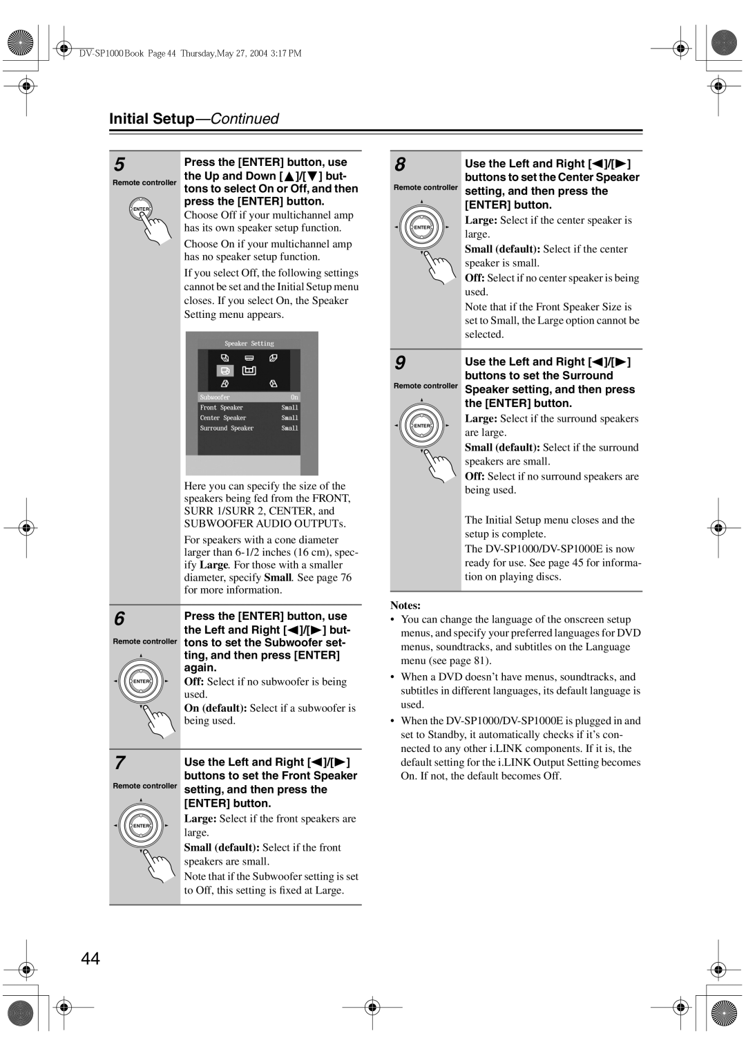 Onkyo DV-SP1000E instruction manual Initial Setup 