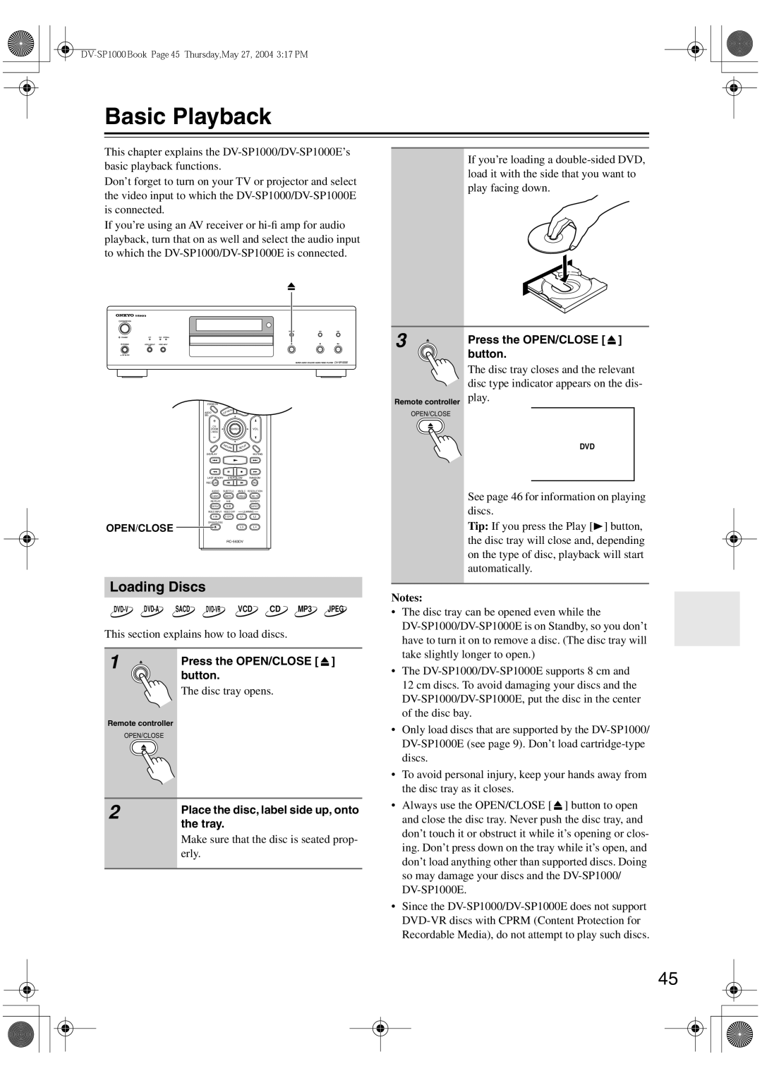 Onkyo DV-SP1000E instruction manual Basic Playback, Loading Discs 