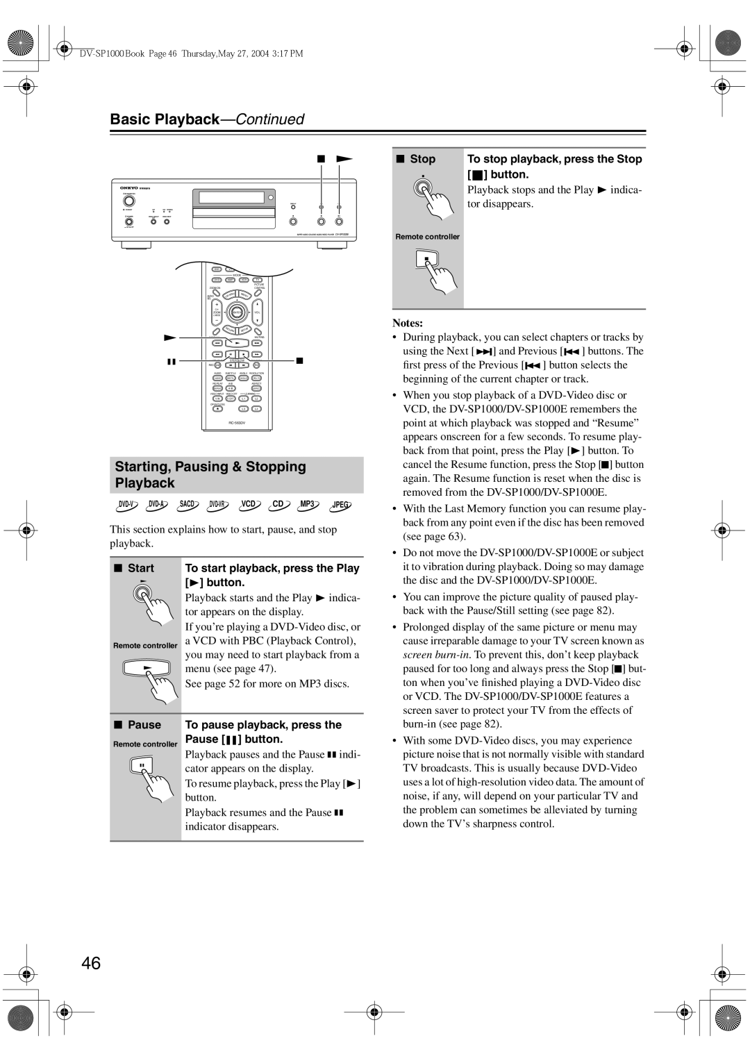 Onkyo DV-SP1000E Basic Playback, Starting, Pausing & Stopping Playback, Start To start playback, press the Play Button 