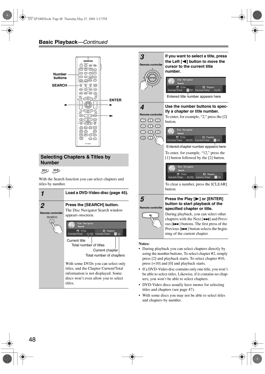 Onkyo DV-SP1000E Selecting Chapters & Titles by Number, Use the number buttons to spec, Ify a chapter or title number 