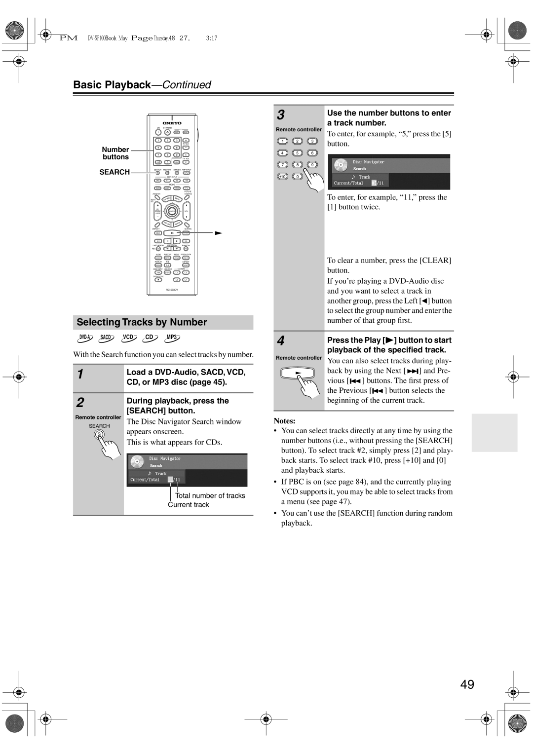 Onkyo DV-SP1000E instruction manual Selecting Tracks by Number 