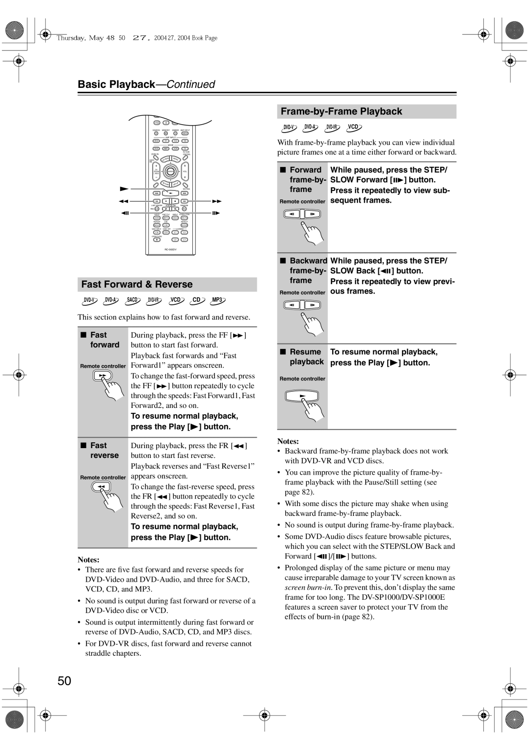 Onkyo DV-SP1000E instruction manual Frame-by-Frame Playback, Fast Forward & Reverse 