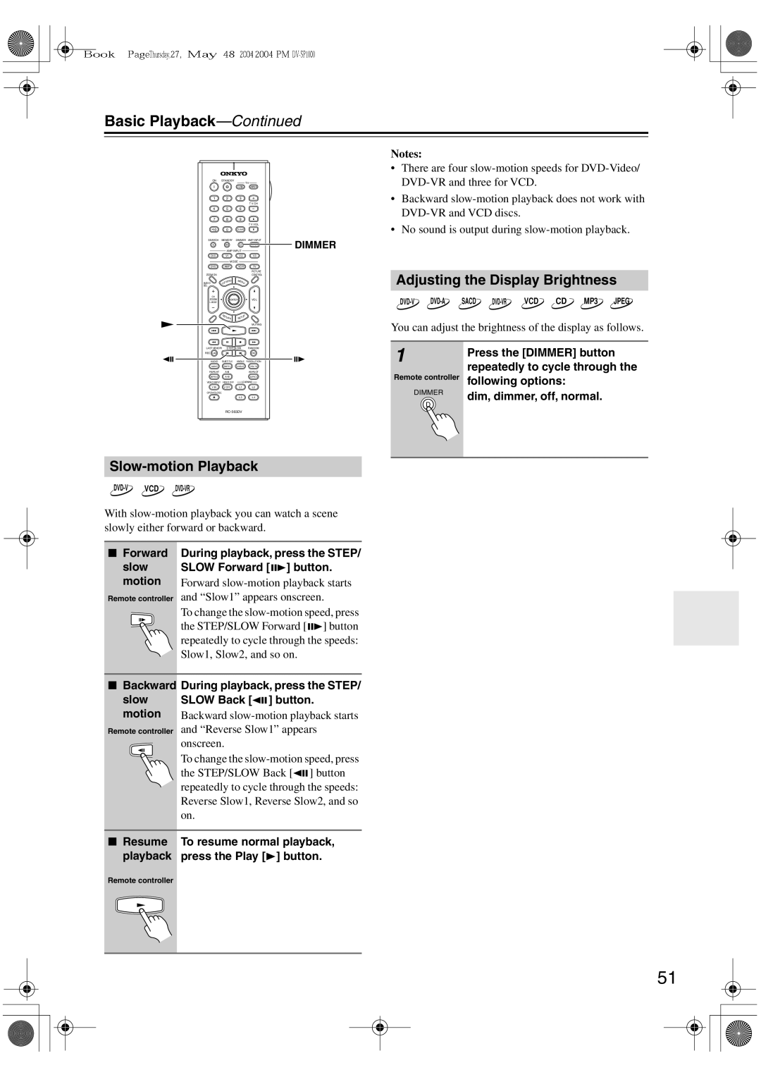 Onkyo DV-SP1000E instruction manual Adjusting the Display Brightness, Slow-motion Playback 