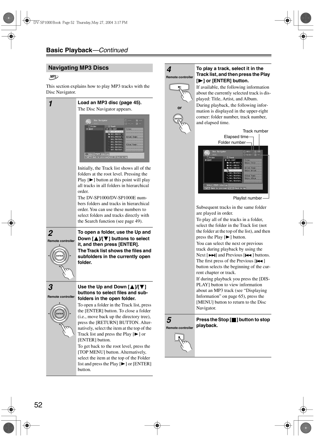 Onkyo DV-SP1000E instruction manual Navigating MP3 Discs 