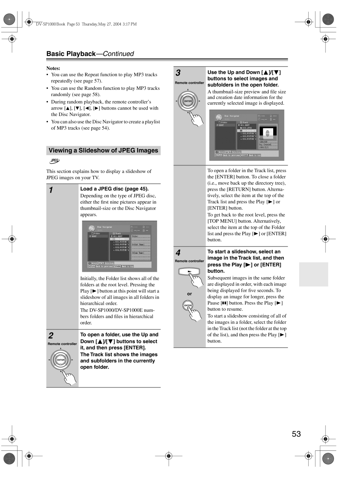 Onkyo DV-SP1000E instruction manual Viewing a Slideshow of Jpeg Images 