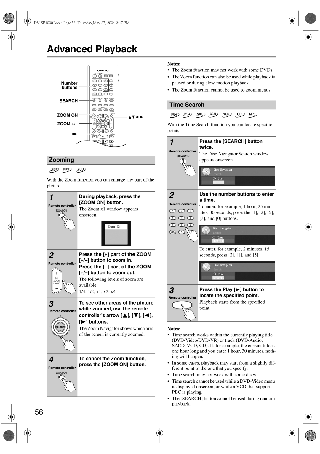 Onkyo DV-SP1000E instruction manual Advanced Playback, Zooming, Time Search 