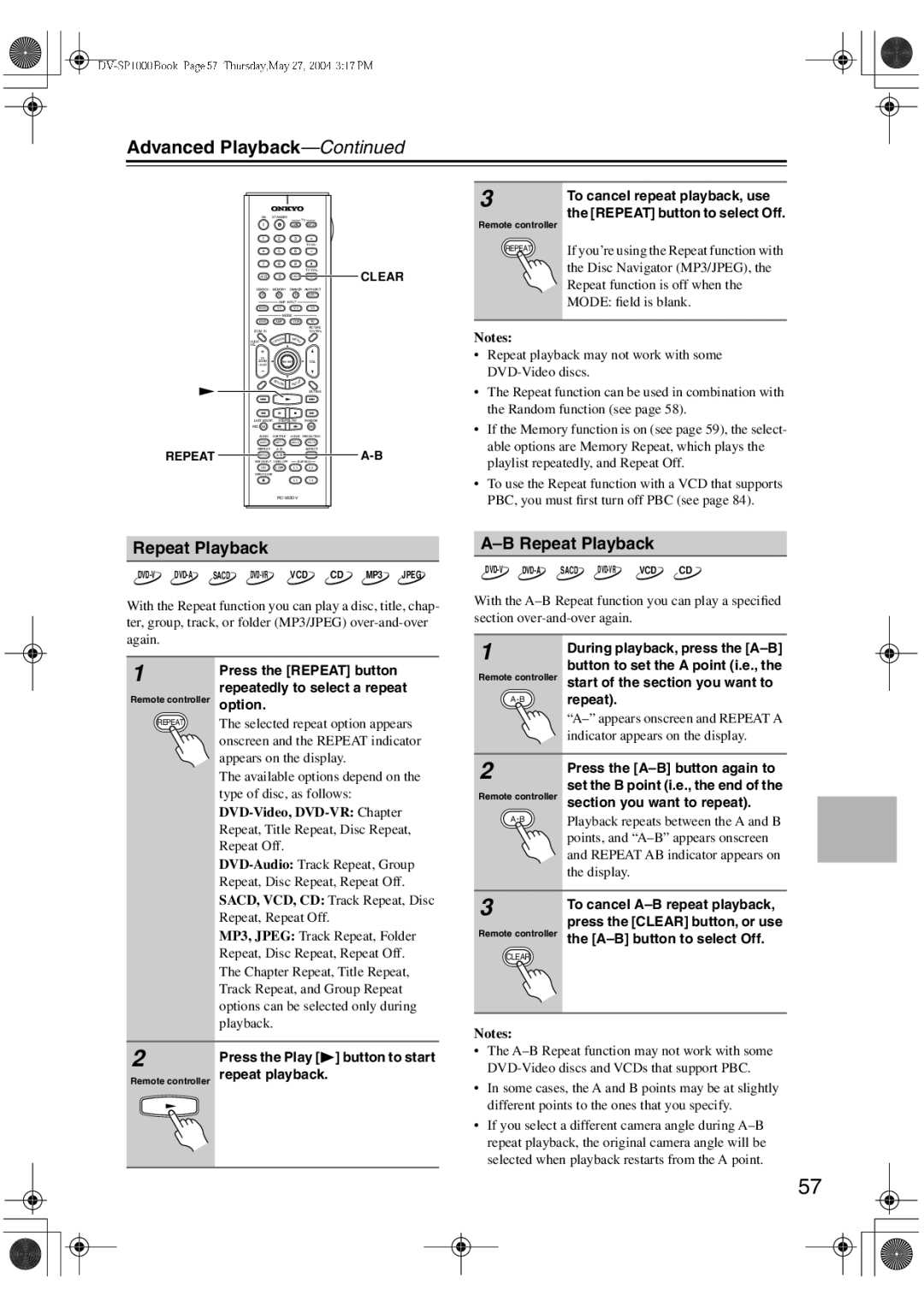 Onkyo DV-SP1000E instruction manual Advanced Playback, Repeat Playback 