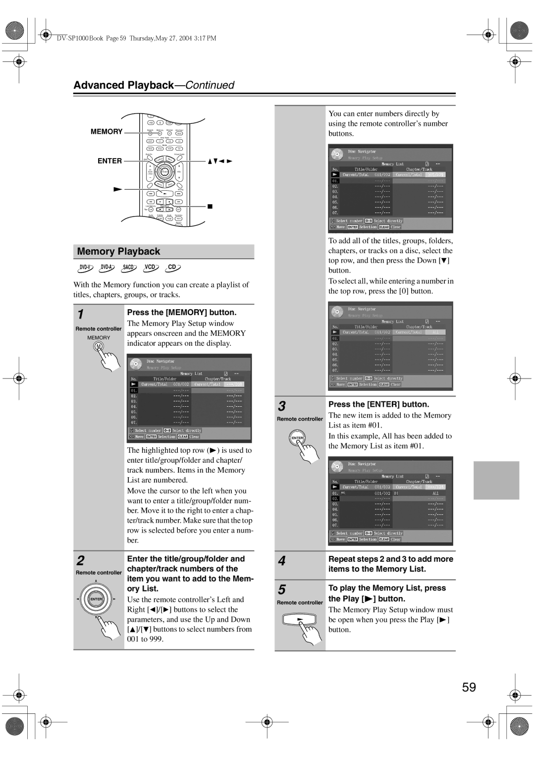 Onkyo DV-SP1000E instruction manual Memory Playback, Items to the Memory List, To play the Memory List, press 