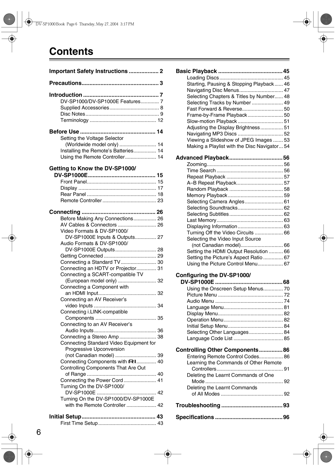 Onkyo DV-SP1000E instruction manual Contents 