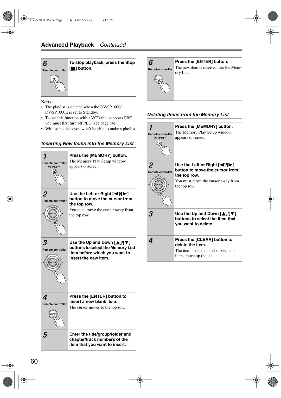 Onkyo DV-SP1000E instruction manual Inserting New Items into the Memory List, Deleting Items from the Memory List 