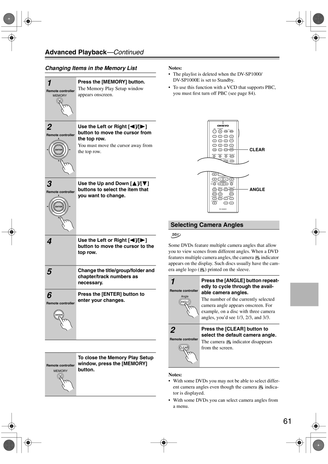 Onkyo DV-SP1000E instruction manual Selecting Camera Angles, Changing Items in the Memory List 