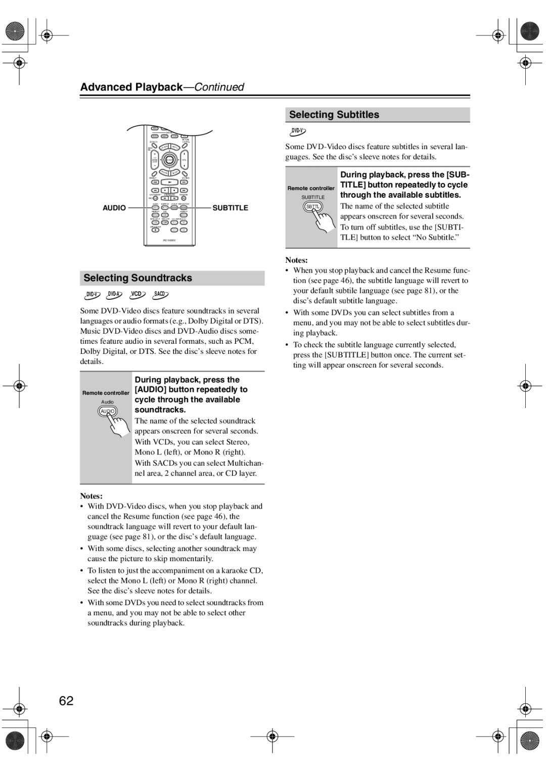 Onkyo DV-SP1000E instruction manual Selecting Subtitles, Selecting Soundtracks, Audio 