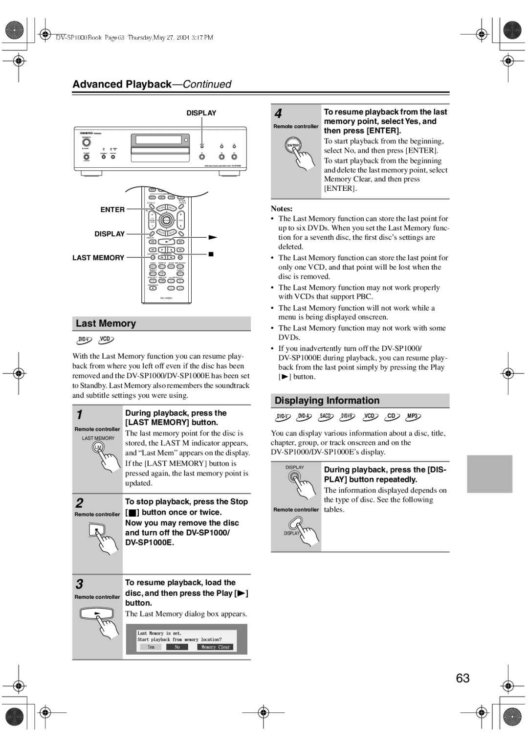 Onkyo DV-SP1000E instruction manual Last Memory, Displaying Information 