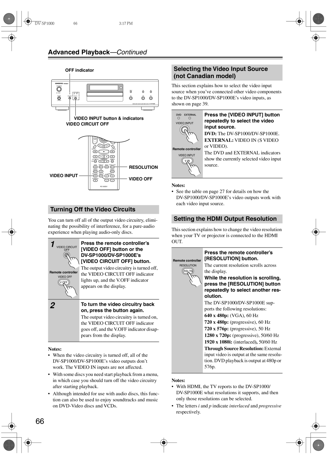 Onkyo DV-SP1000E instruction manual Selecting the Video Input Source not Canadian model, Turning Off the Video Circuits 