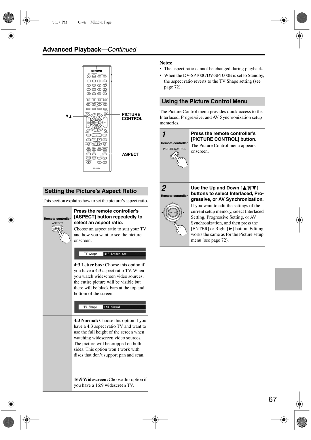 Onkyo DV-SP1000E Using the Picture Control Menu, Setting the Picture’s Aspect Ratio, Press the remote controller’s 