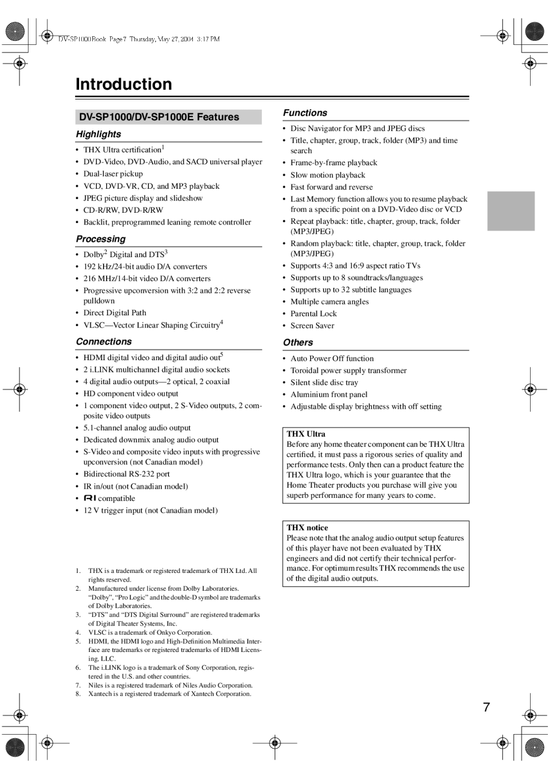 Onkyo instruction manual Introduction, DV-SP1000/DV-SP1000E Features 