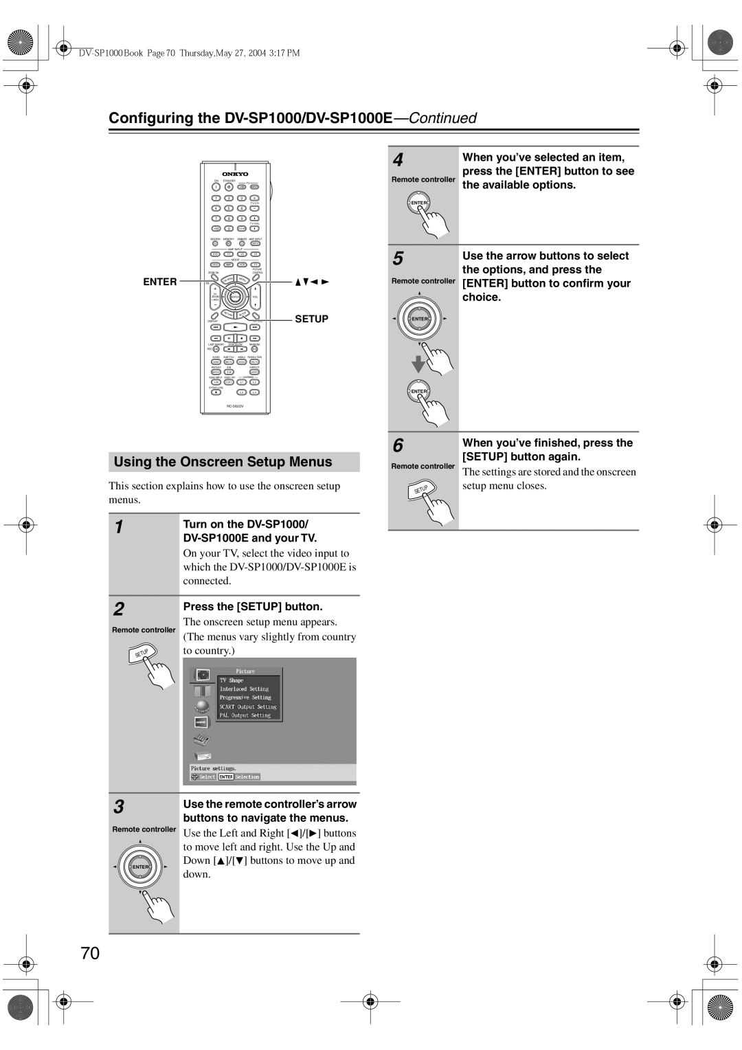 Onkyo DV-SP1000E instruction manual Using the Onscreen Setup Menus 