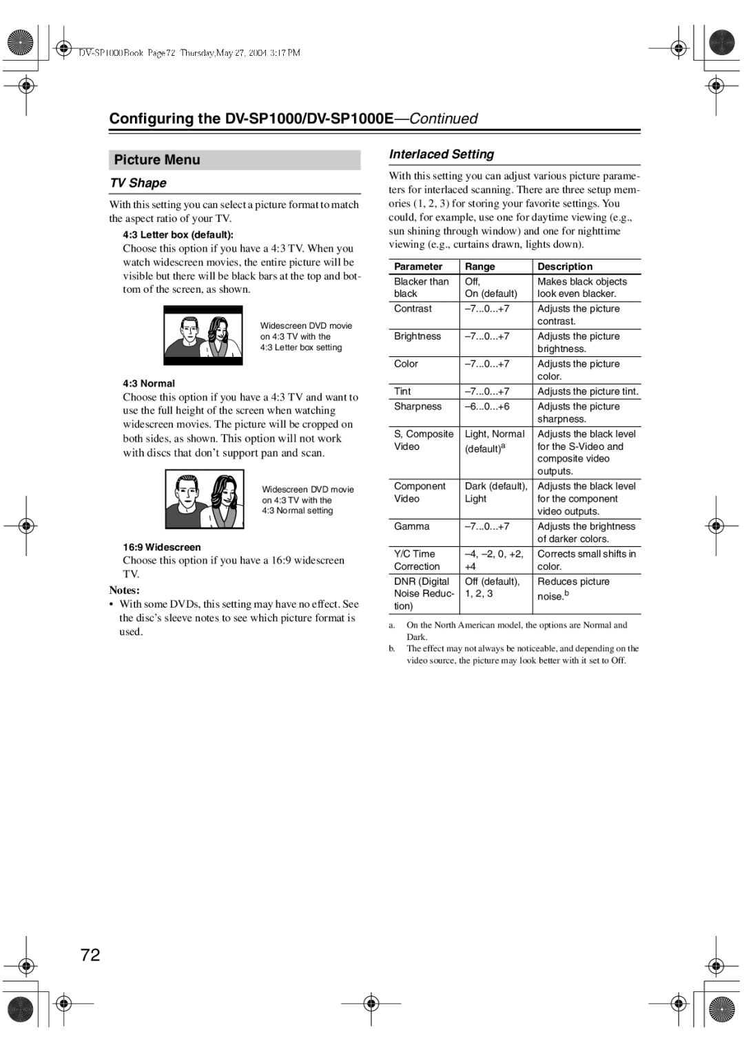 Onkyo DV-SP1000E instruction manual Picture Menu, TV Shape, Interlaced Setting 