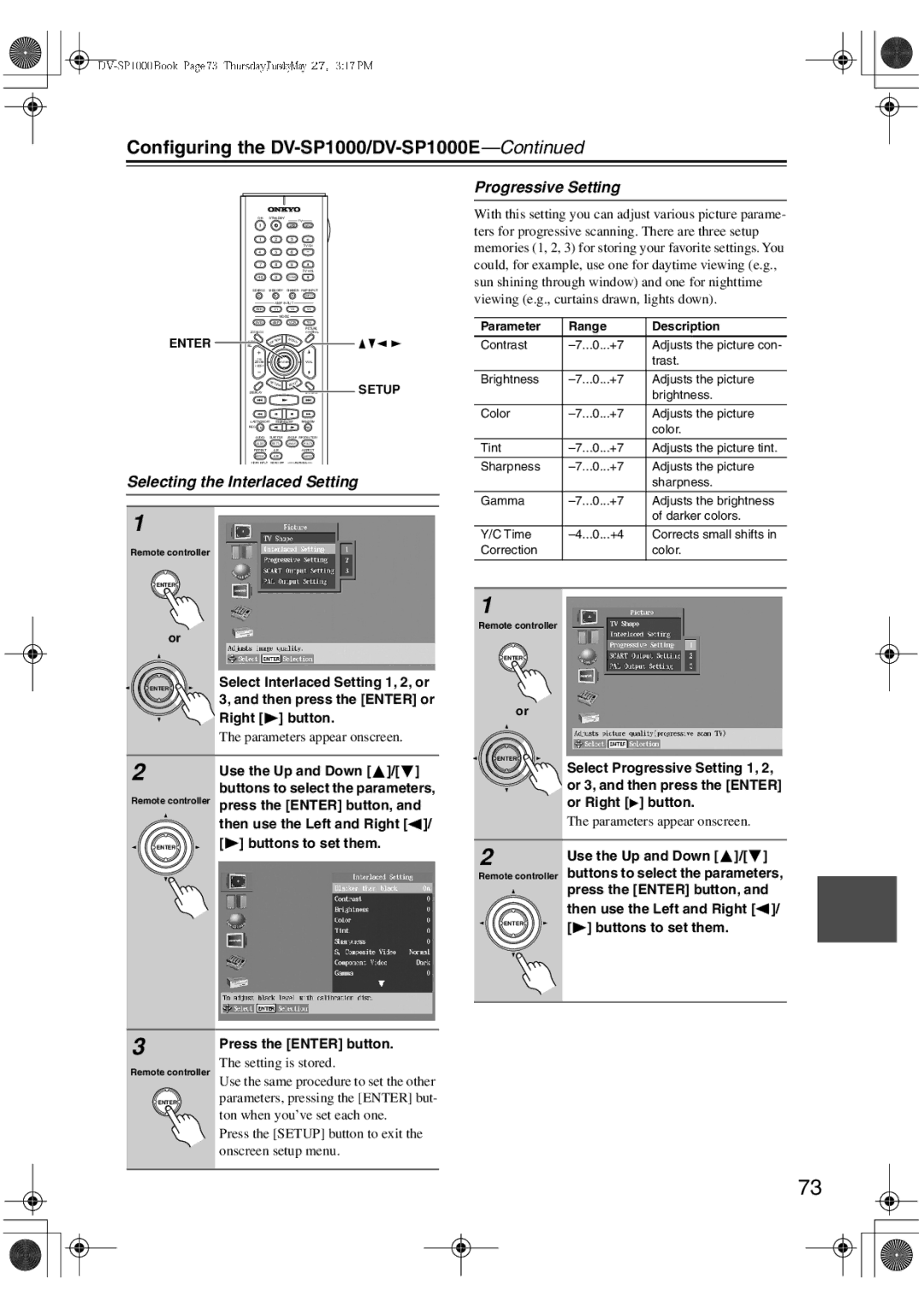 Onkyo DV-SP1000E instruction manual Selecting the Interlaced Setting, Progressive Setting 