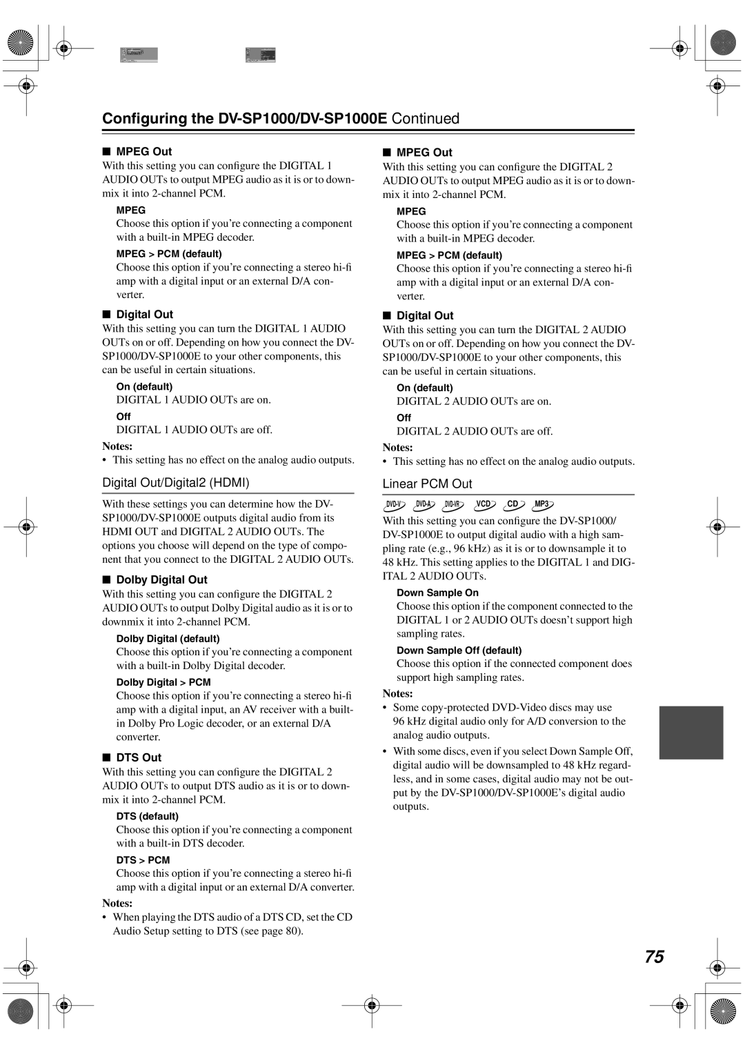 Onkyo DV-SP1000E instruction manual Digital Out/Digital2 Hdmi, Linear PCM Out, Digital Out Mpeg Out 