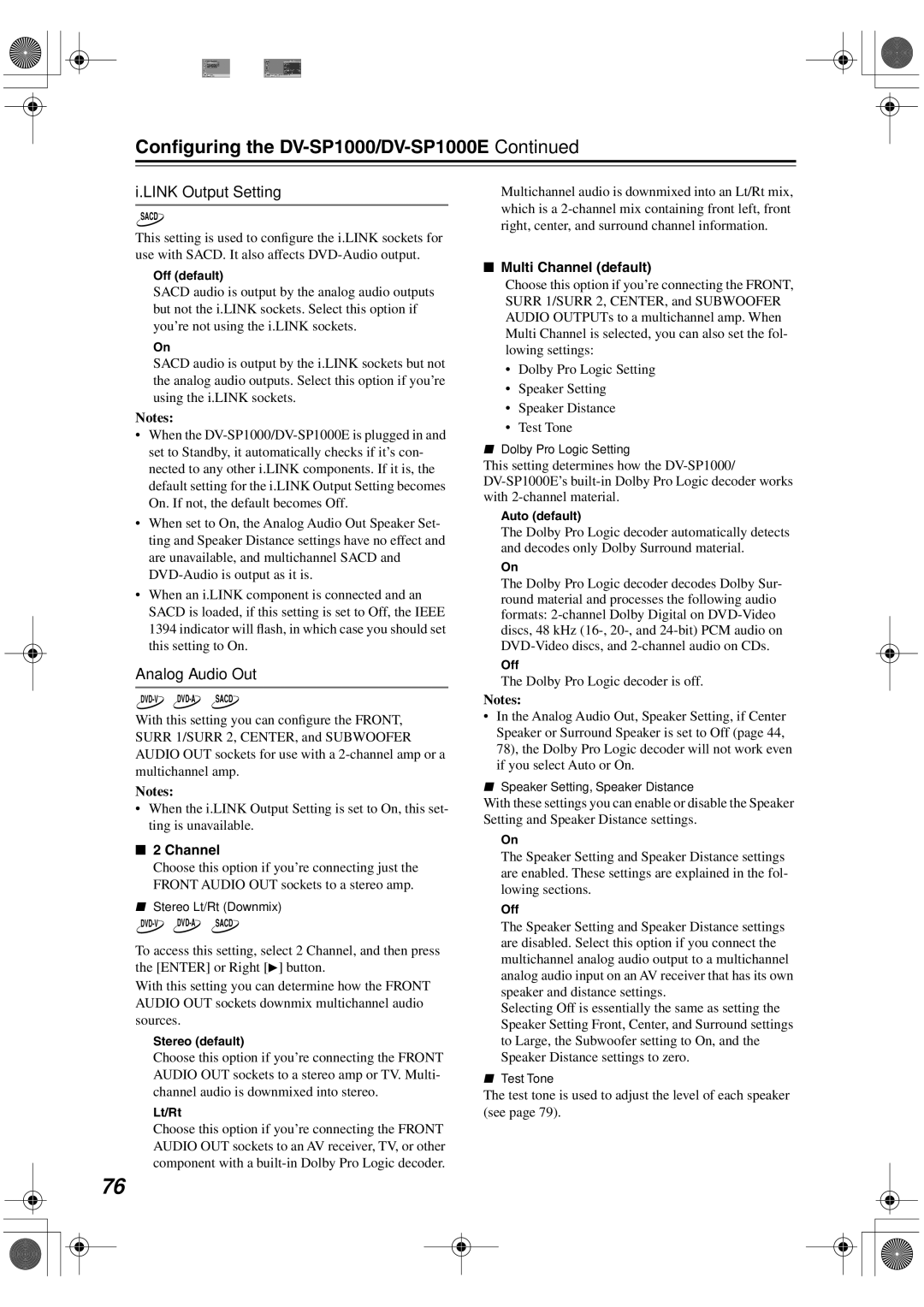 Onkyo DV-SP1000E instruction manual Link Output Setting, Analog Audio Out, Multi Channel default 