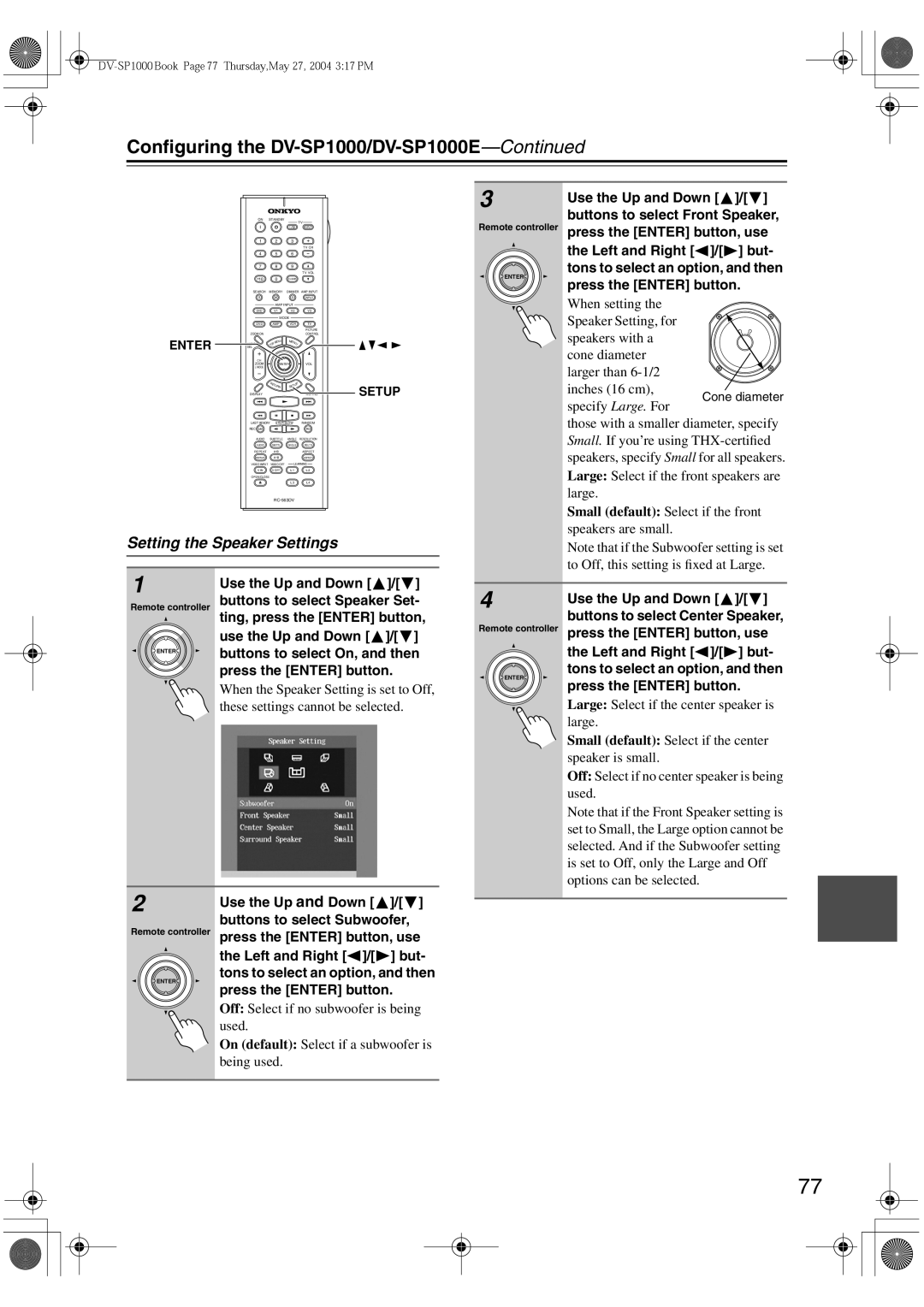 Onkyo DV-SP1000E instruction manual Setting the Speaker Settings 