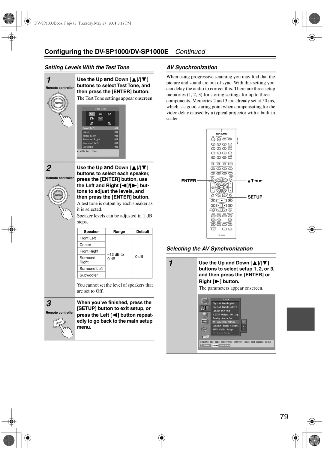 Onkyo DV-SP1000E Setting Levels With the Test Tone, Selecting the AV Synchronization, Buttons to select Test Tone 