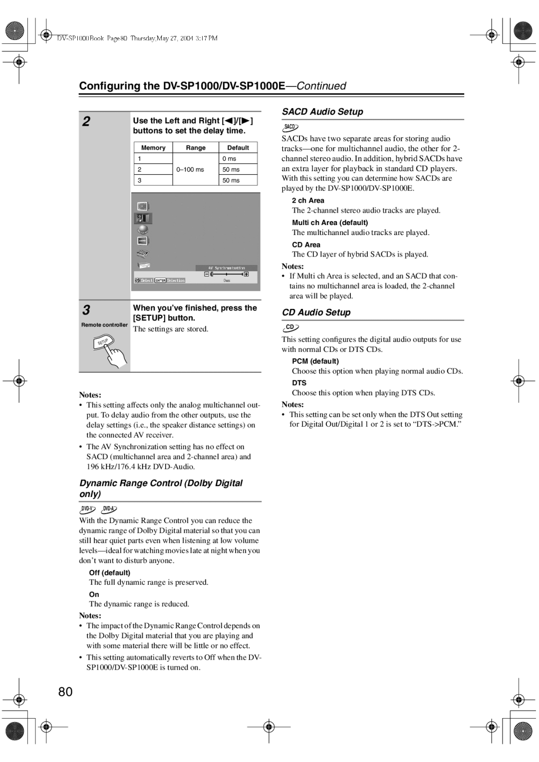 Onkyo DV-SP1000E Dynamic Range Control Dolby Digital only, Sacd Audio Setup, CD Audio Setup, Buttons to set the delay time 