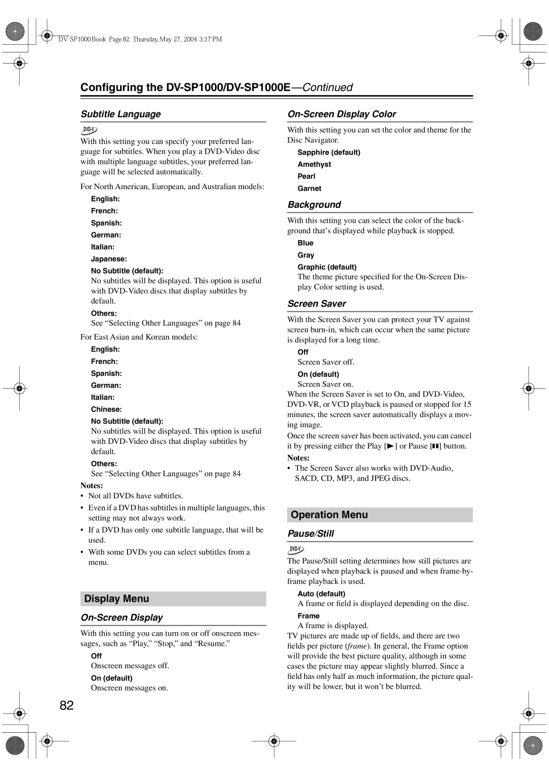 Onkyo DV-SP1000E instruction manual Display Menu, Operation Menu 