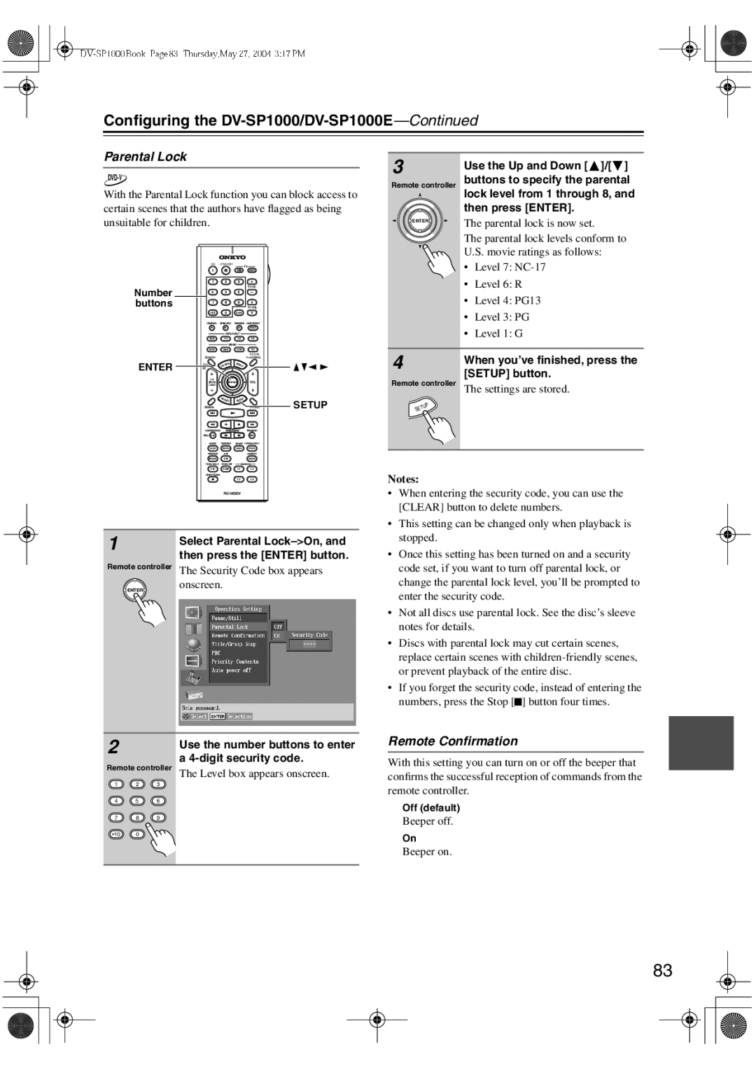 Onkyo DV-SP1000E Remote Conﬁrmation, Select Parental Lock-On, Remote controller The Security Code box appears 