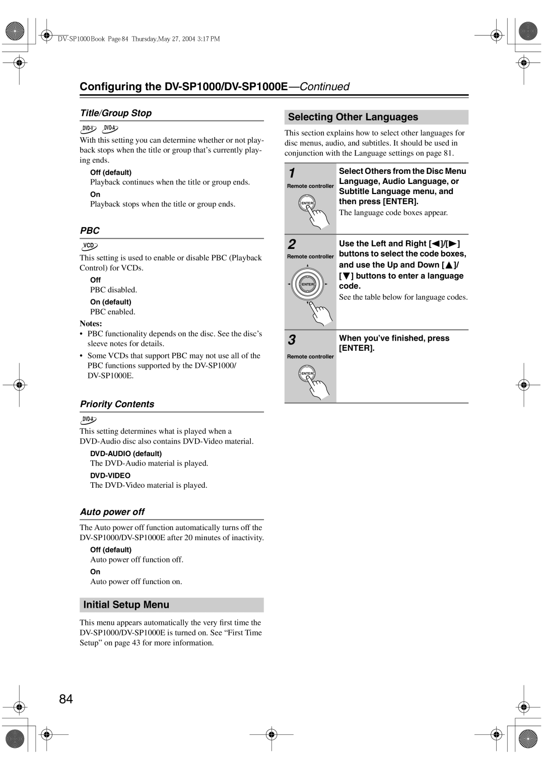 Onkyo DV-SP1000E Selecting Other Languages, Initial Setup Menu, Title/Group Stop, Priority Contents, Auto power off 