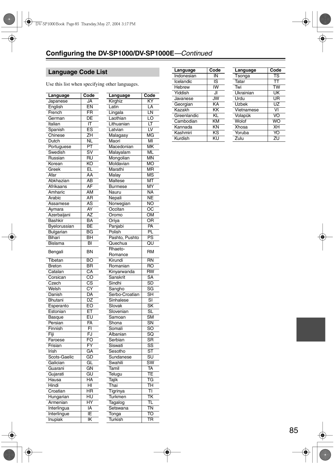 Onkyo DV-SP1000E instruction manual Language Code List 