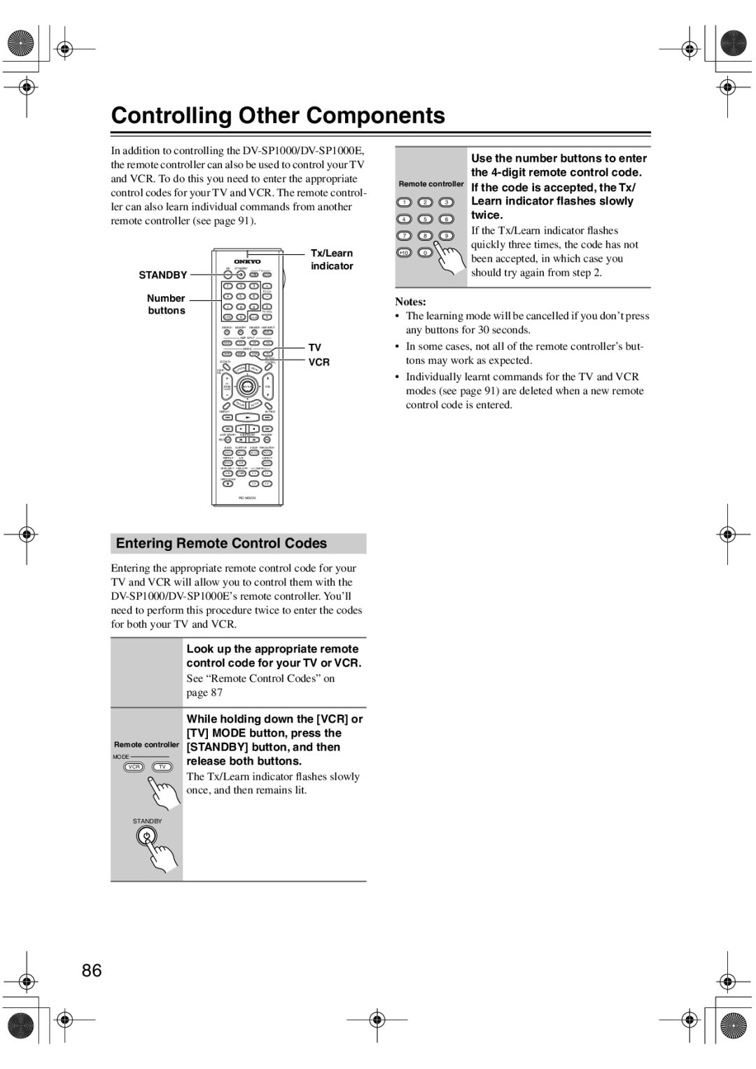 Onkyo DV-SP1000E instruction manual Controlling Other Components, Entering Remote Control Codes 