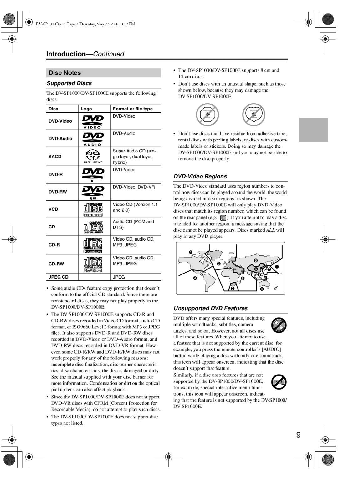 Onkyo DV-SP1000E instruction manual Disc Notes, Supported Discs, DVD-Video Regions, Unsupported DVD Features 