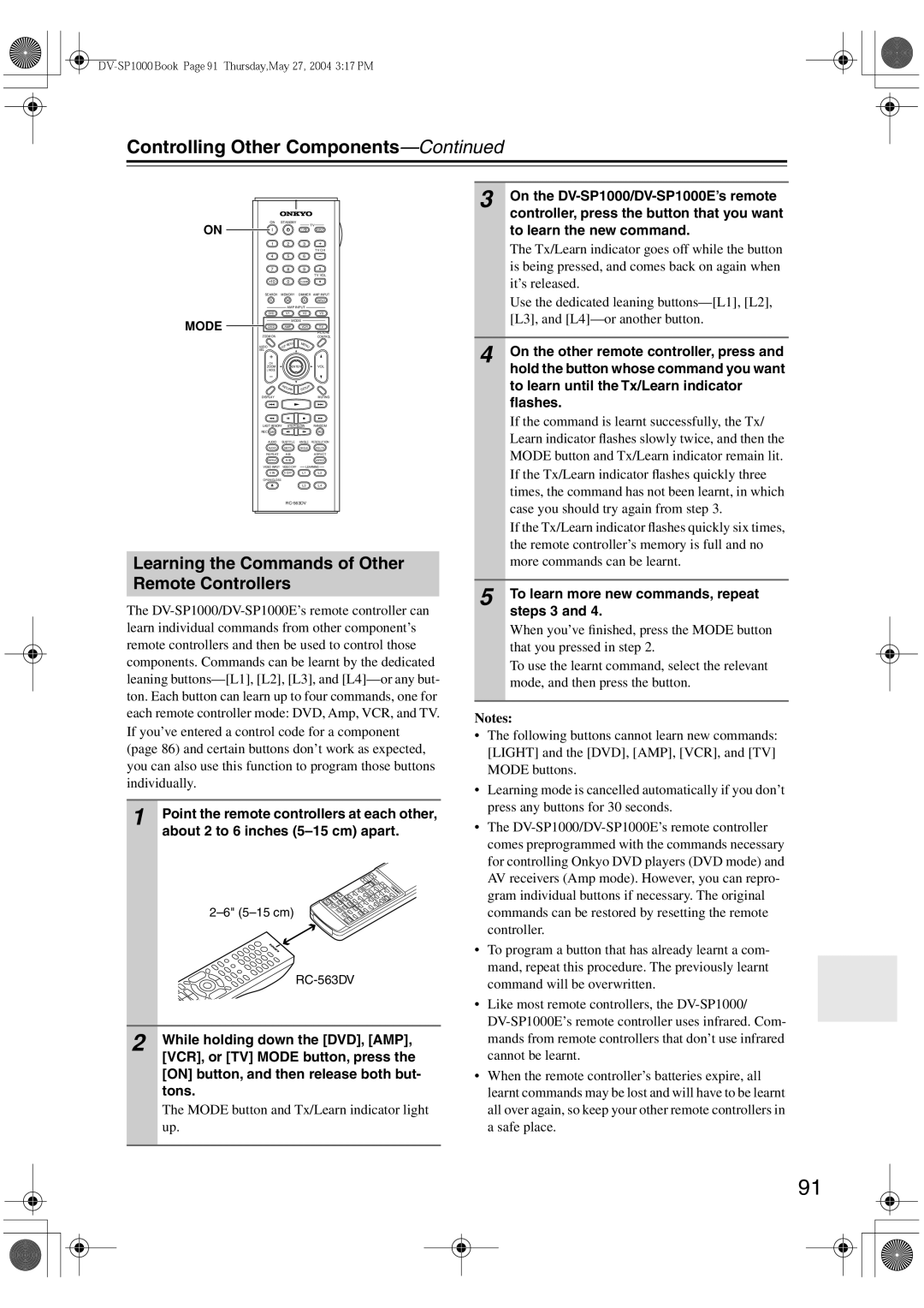 Onkyo DV-SP1000E instruction manual Learning the Commands of Other Remote Controllers, Mode 