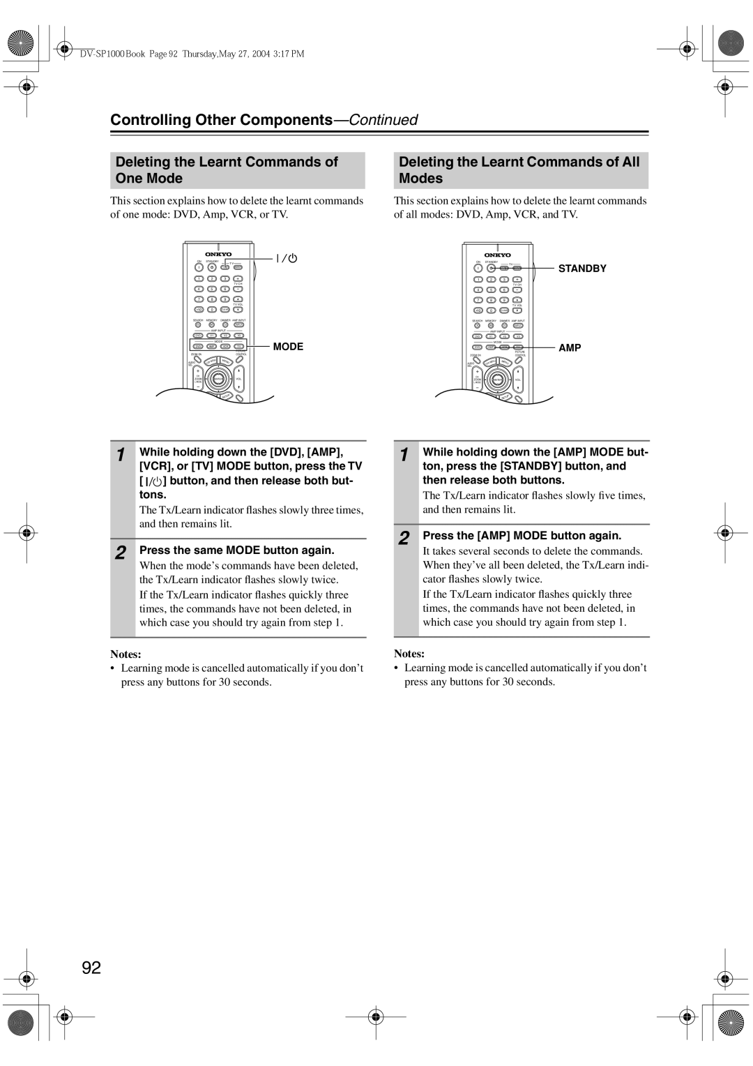 Onkyo DV-SP1000E instruction manual Deleting the Learnt Commands of One Mode, Deleting the Learnt Commands of All Modes 