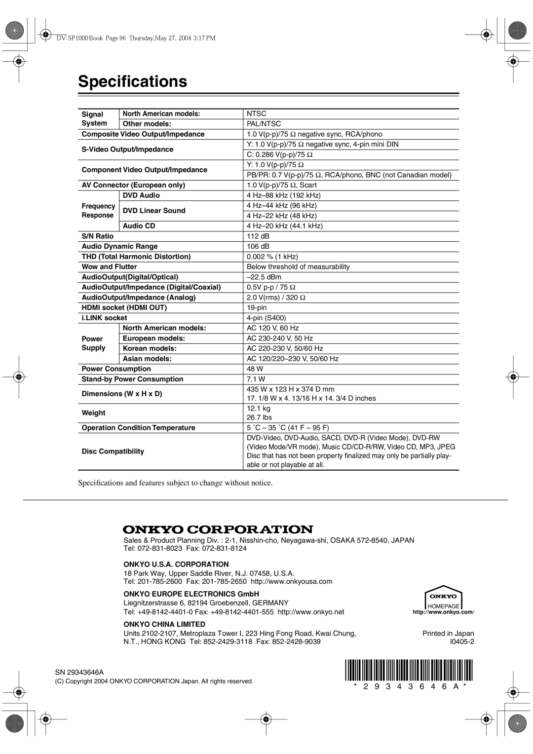 Onkyo DV-SP1000E instruction manual Speciﬁcations, Onkyo U.S.A. Corporation, Onkyo China Limited 