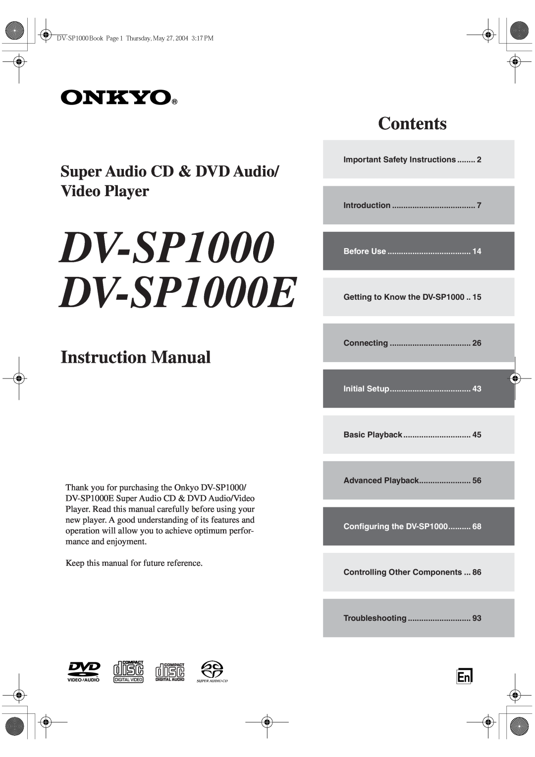 Onkyo instruction manual DV-SP1000 DV-SP1000E, Contents, Super Audio CD & DVD Audio/ Video Player 