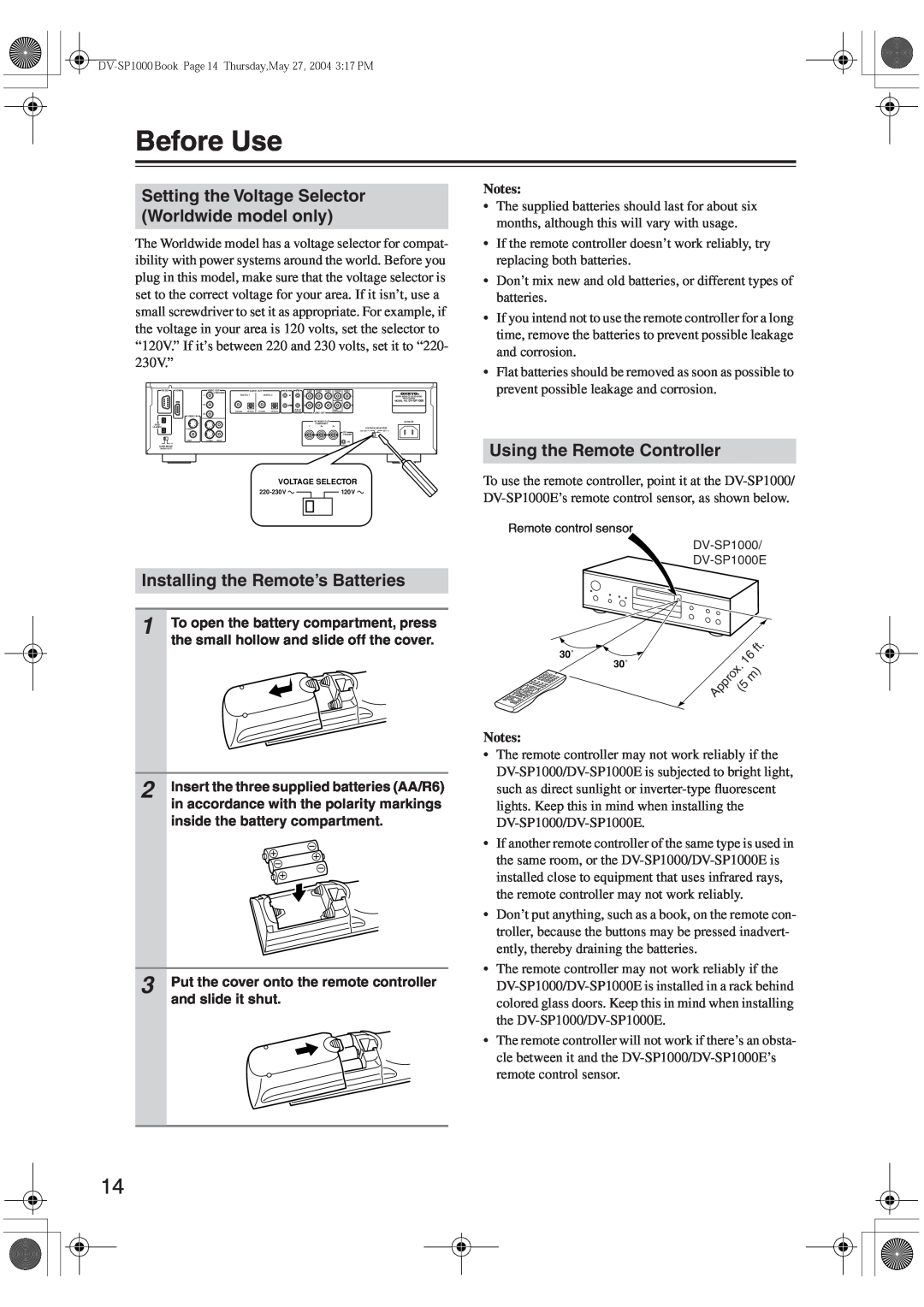 Onkyo DV-SP1000E instruction manual Before Use, Installing the Remote’s Batteries, Using the Remote Controller, Notes 