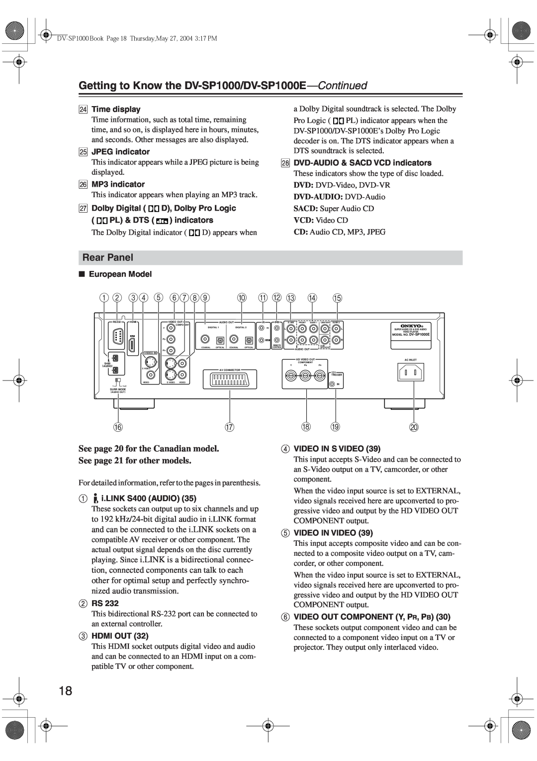 Onkyo DV-SP1000E instruction manual Rear Panel, 1 B 34 5 6789 J K L M N O, R S T 