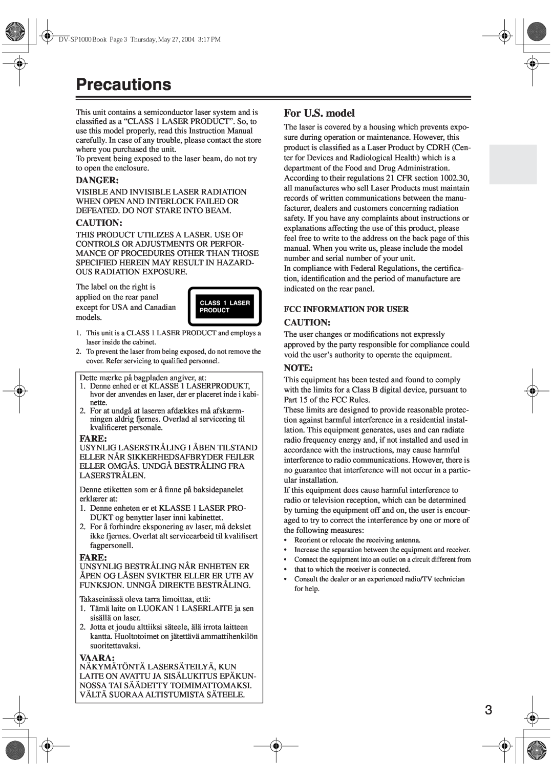 Onkyo DV-SP1000E instruction manual Precautions, For U.S. model, Danger, Fare, Vaara, Fcc Information For User 