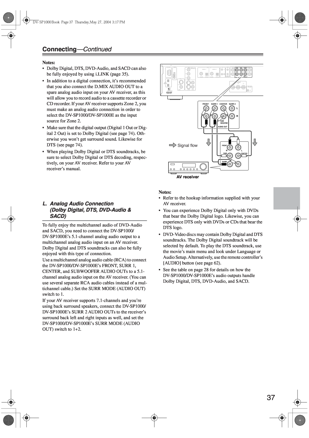 Onkyo DV-SP1000E instruction manual Connecting—Continued, Notes, FRONT SURR 1 CENTER SURR, Sub Woofer Audio Out 