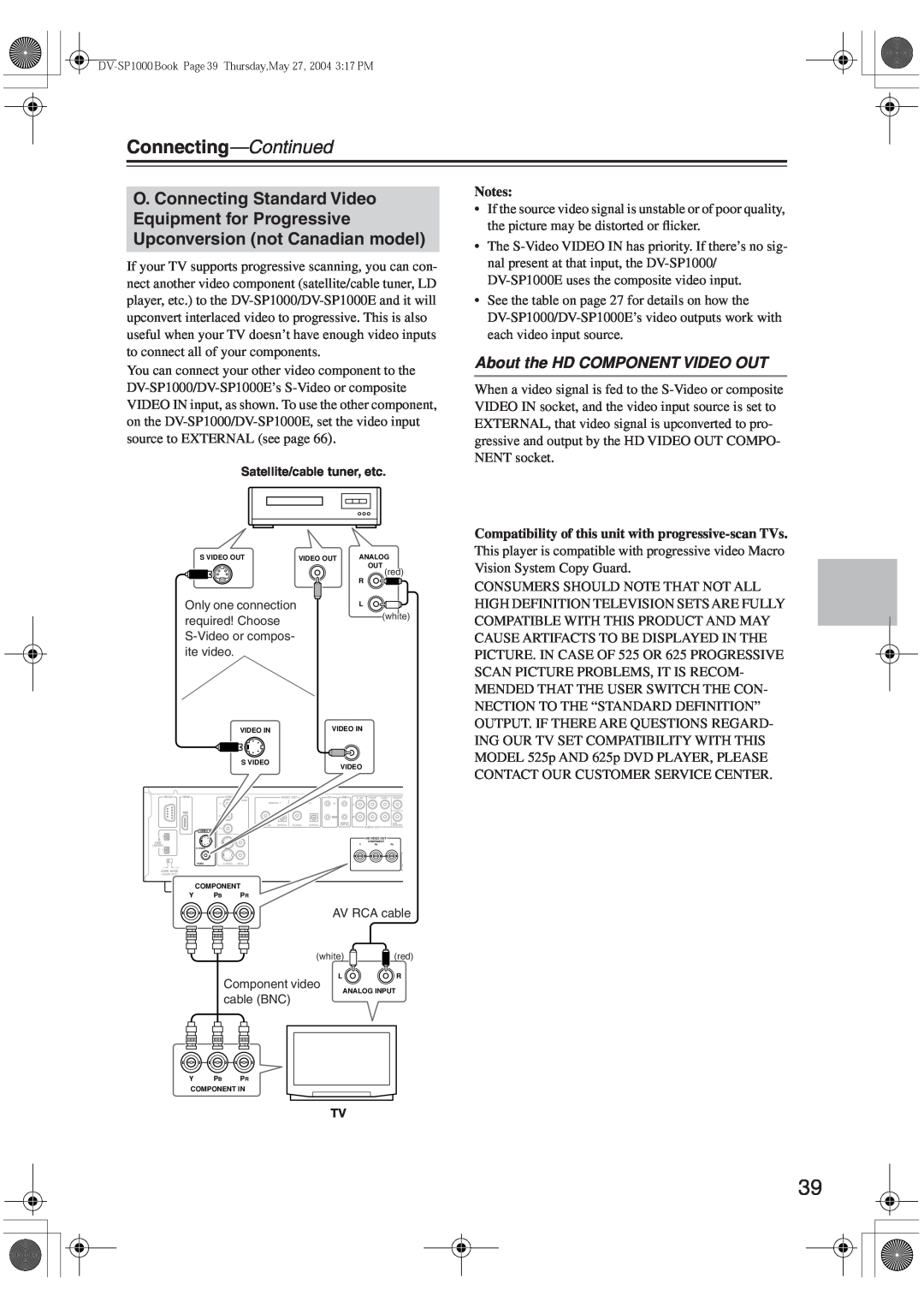 Onkyo DV-SP1000E instruction manual About the HD COMPONENT VIDEO OUT, Connecting—Continued, Notes 