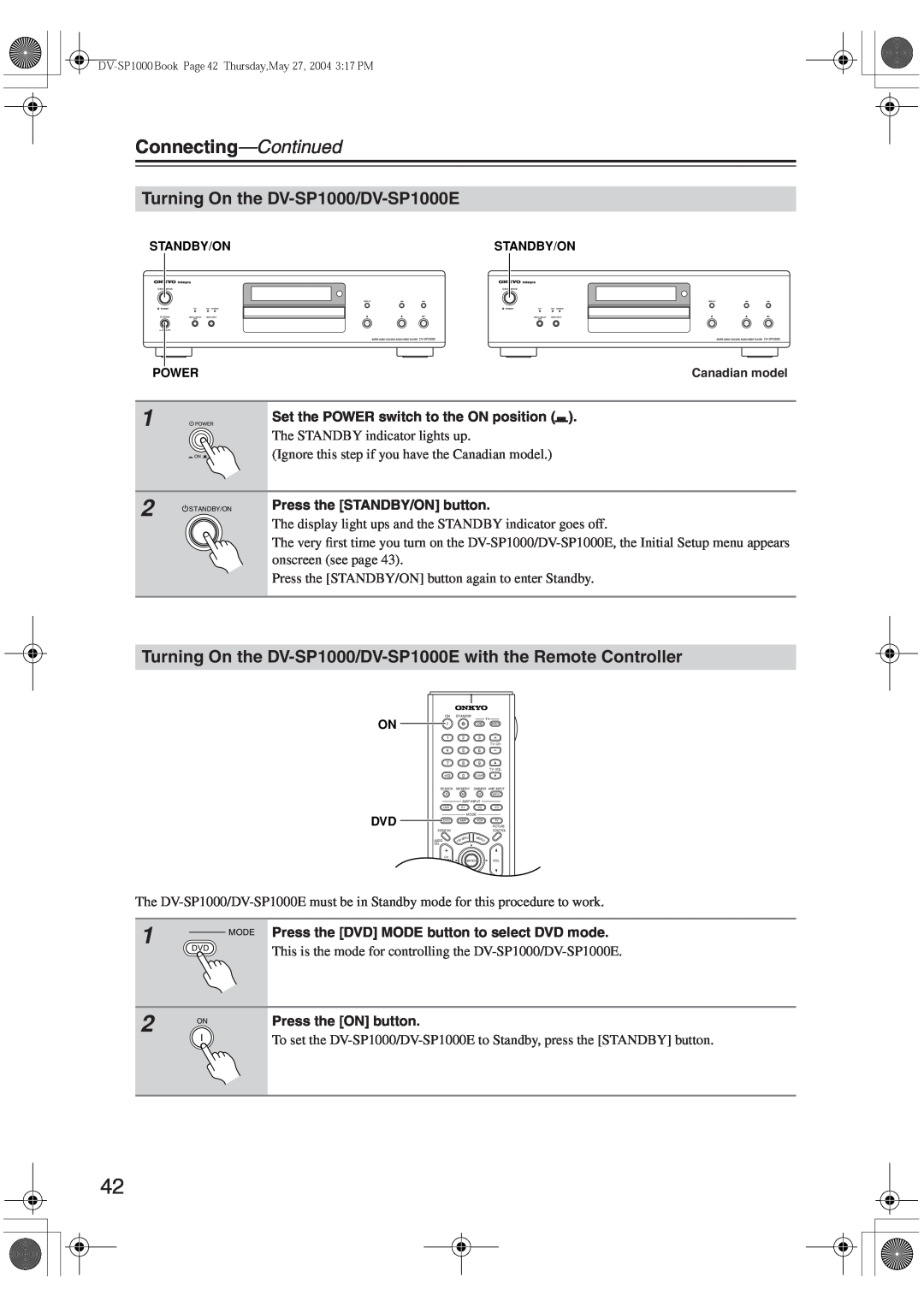 Onkyo instruction manual 2 ON, Turning On the DV-SP1000/DV-SP1000E, Connecting—Continued 