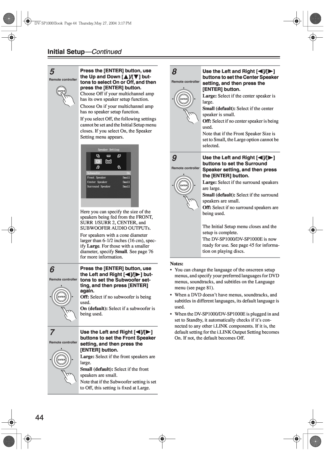 Onkyo DV-SP1000E instruction manual Initial Setup—Continued, Large: Select if the center speaker is, large 