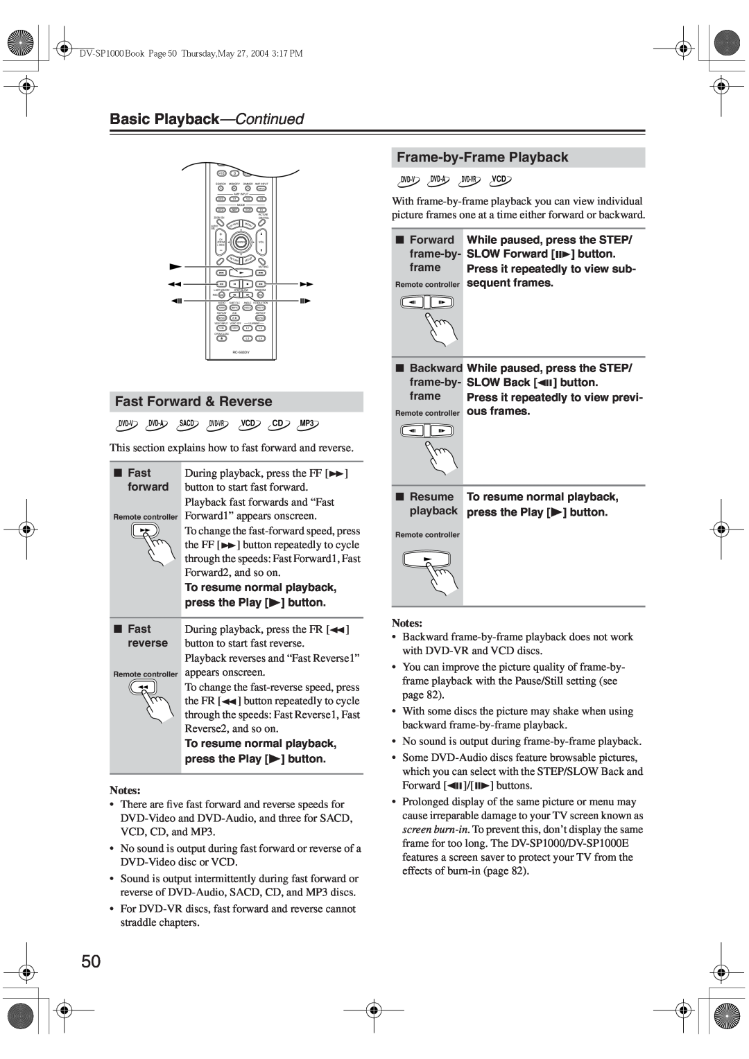 Onkyo DV-SP1000E instruction manual Frame-by-FramePlayback, Fast Forward & Reverse, Basic Playback—Continued, Notes 