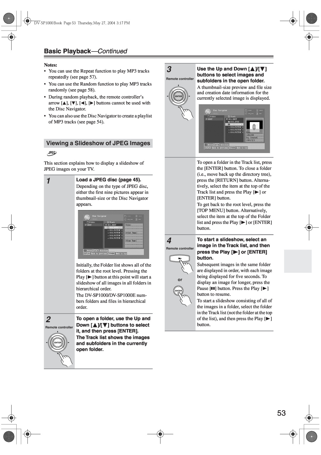 Onkyo DV-SP1000E instruction manual Viewing a Slideshow of JPEG Images, Basic Playback—Continued, Notes 